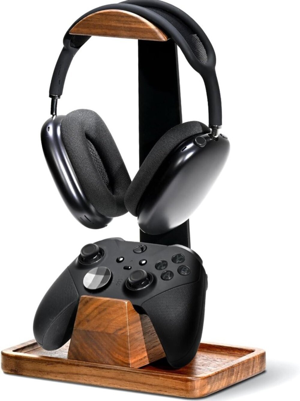 Stylish Walnut Wood Headset Stand & Gaming Controller Holder - Desk Organizer
